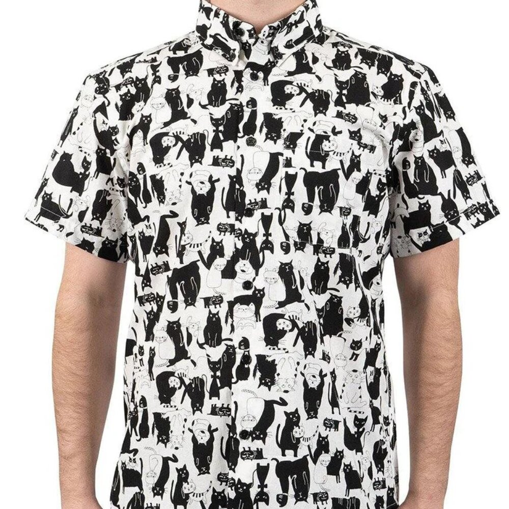 Naked & Famous Denim Funny Cats Short Sleeve Easy Shirt XL (L)